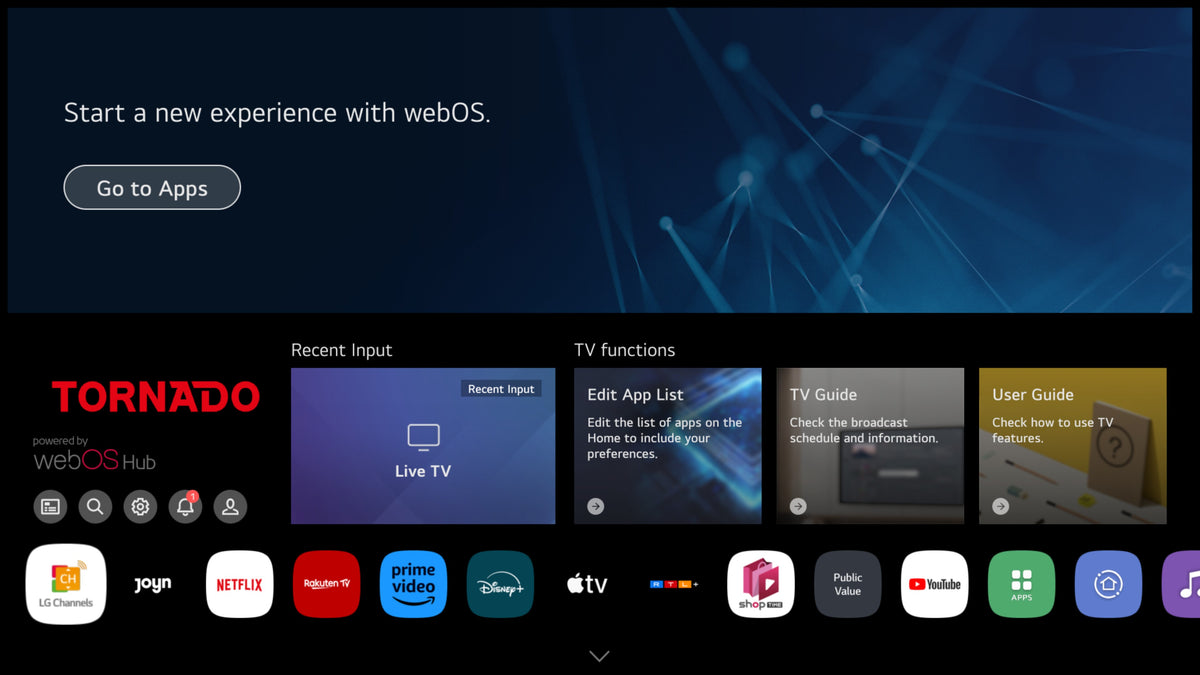 Tornado 65" 4K UHD Frameless Smart TV: WebOS 23, HDR10/HLG, Dolby Digital Plus, BT 5.0, Voice Remote, 2x10W, 3xHDMI/2xUSB
