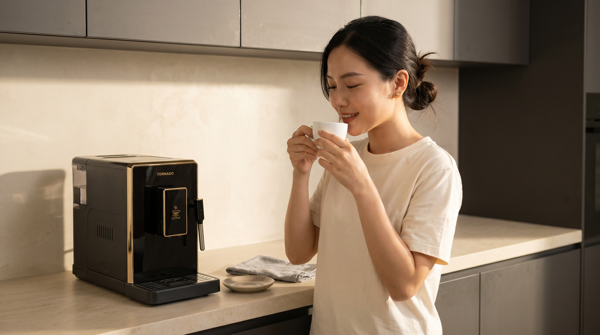 Tornado Fully Auto Coffee Machine: 20-Bar, Conical Burr Grinder (15 Settings), 1.5L Tank, One-Touch LED, Steam Wand for Cappuccino/Latte