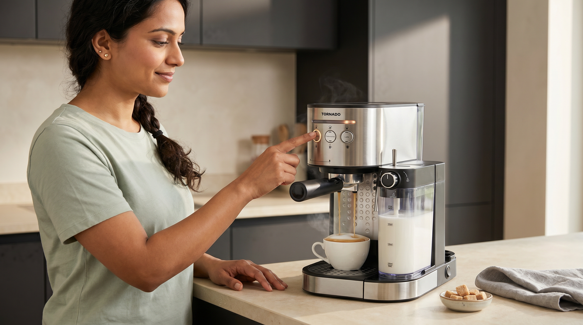 Tornado Compact Espresso Machine: 15-Bar, 1.2L Water/0.7L Milk Tank, Auto Frother, Portafilter/ESE Pod, LCD Buttons, Cappuccino/Latte