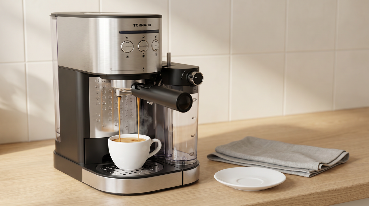 Tornado Compact Espresso Machine: 15-Bar, 1.2L Water/0.7L Milk Tank, Auto Frother, Portafilter/ESE Pod, LCD Buttons, Cappuccino/Latte