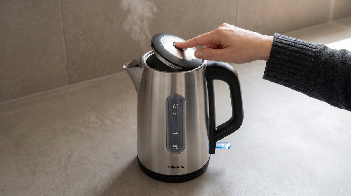 Tornado 1.7L SS Electric Kettle: 1850-2200W Concealed Heat, Push-Button Lid, Removable Filter, Auto Shut-Off/Boil-Dry Protection, Fast Boil 2min.