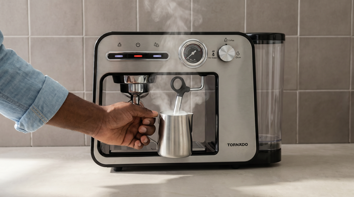 Tornado 5-in-1 Portafilter & Multi-Capsule Coffee Machine: 19-Bar, PID, Steam Wand, Hot Water, Cup Warmer, Rotary/Button Control, 20s Heat-Up