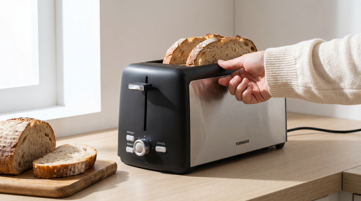 Tornado Long-Slot Toaster 1400W: 200x100mm (4x100mm equiv), 7 Levels, Defrost/Reheat/Cancel, High-Lift, Crumb Tray/Cord Storage