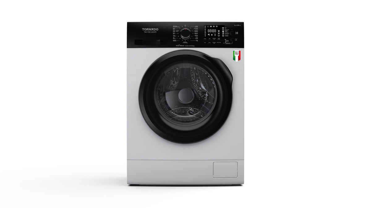 Tornado 8kg Front Load Inverter Washer: 1400rpm, A Eff, Steam Prog, Rapid 15min, Self-Clean Drum, 15 Progs, Auto Balance.