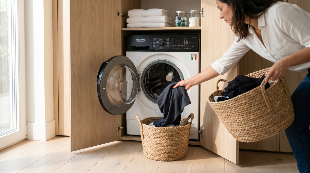 Tornado 8kg Front Load Inverter Washer: 1400rpm, A Eff, Steam Prog, Rapid 15min, Self-Clean Drum, 15 Progs, Auto Balance.