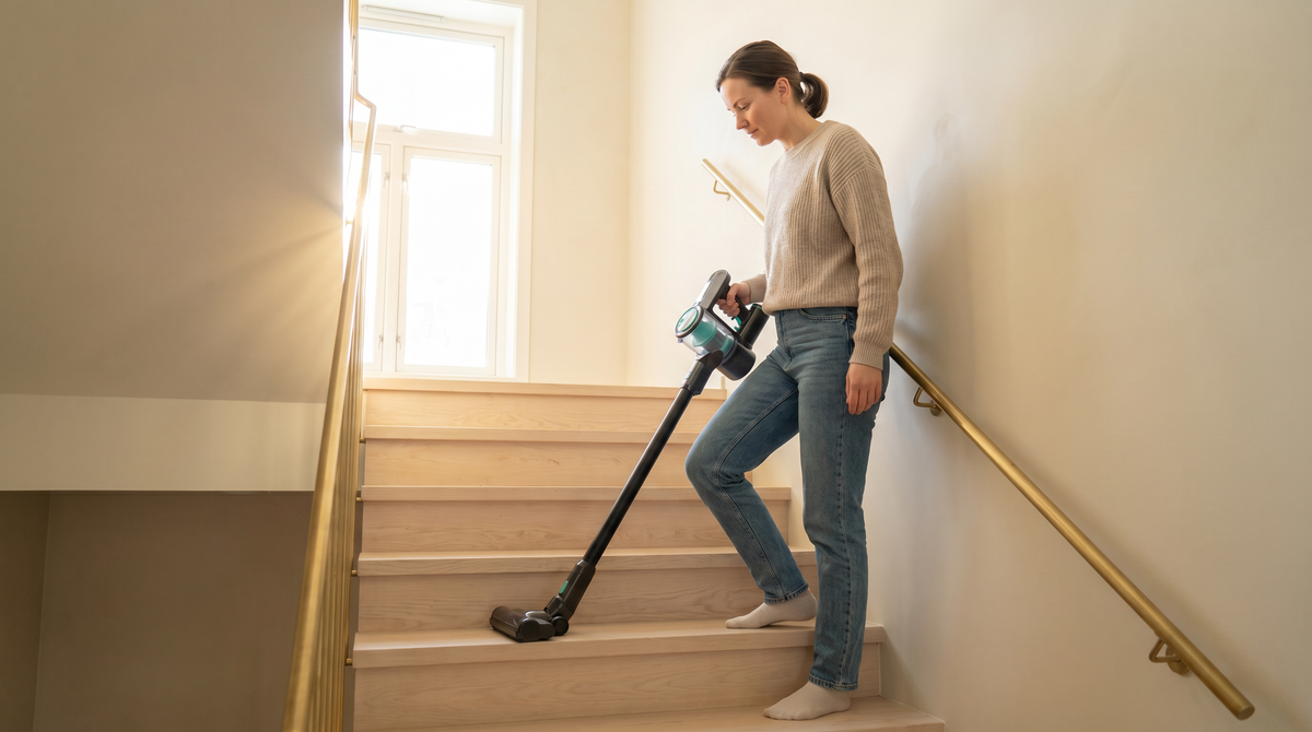 Tornado Cordless Handstick Vacuum: 300W/80W Suction, H10 HEPA, LED Nozzle Light, 40min Runtime, 3 Modes, Motorized Roller.