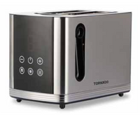 Tornado Digital 2-Slice Toaster 800W: Brushed SS, LED Touch Ctrl, 100x100mm, 7 Levels, Self-Centering, Defrost/Reheat/Cancel