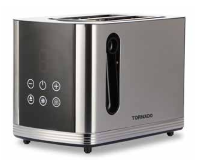 Tornado Digital 2-Slice Toaster 800W: Brushed SS, LED Touch Ctrl, 100x100mm, 7 Levels, Self-Centering, Defrost/Reheat/Cancel