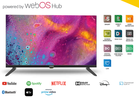 Tornado 32" HD Frameless Smart TV: WebOS 23, HDR Ready, Dolby Digital Plus, BT 5.0, 2x8W Speakers, 3xHDMI/2xUSB