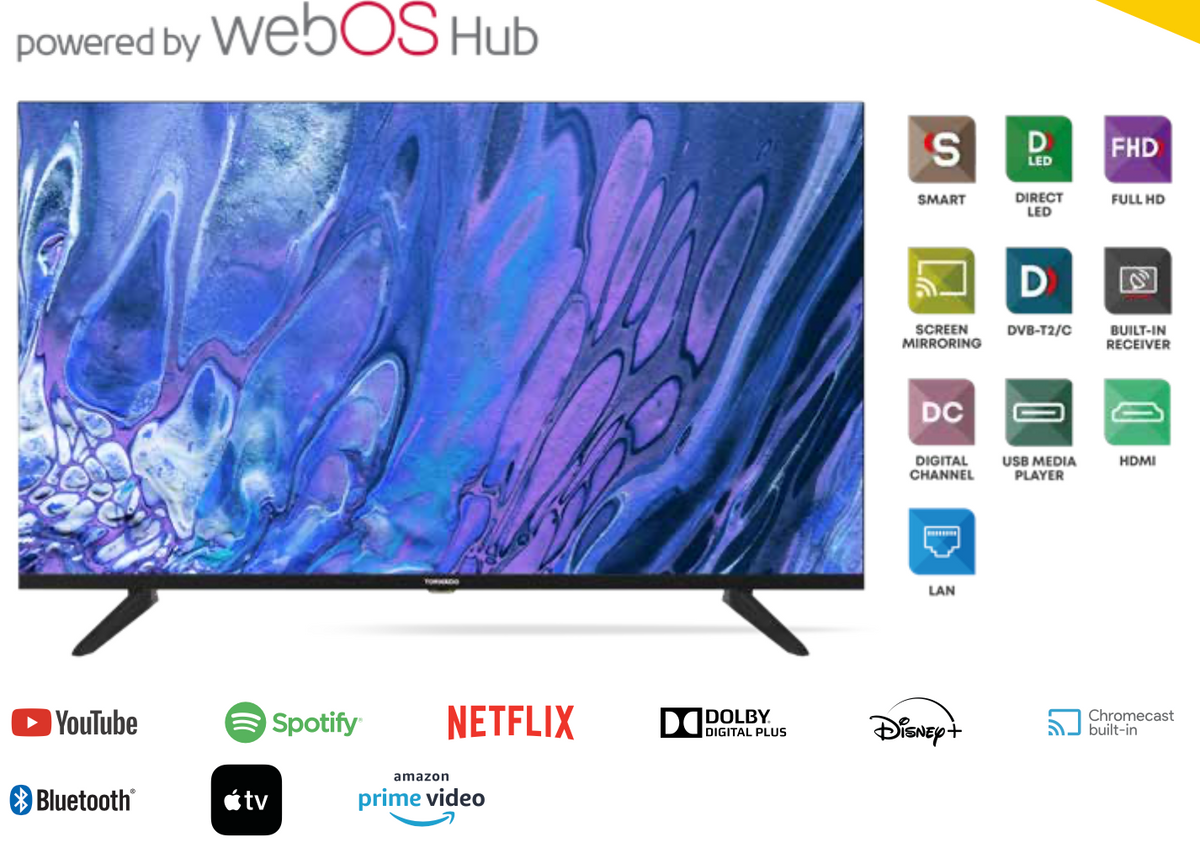 Tornado 43" FHD Frameless Smart TV: WebOS 23, HDR, Dolby Digital Plus, BT 5.0, 2x8W Speakers, 3xHDMI/2xUSB