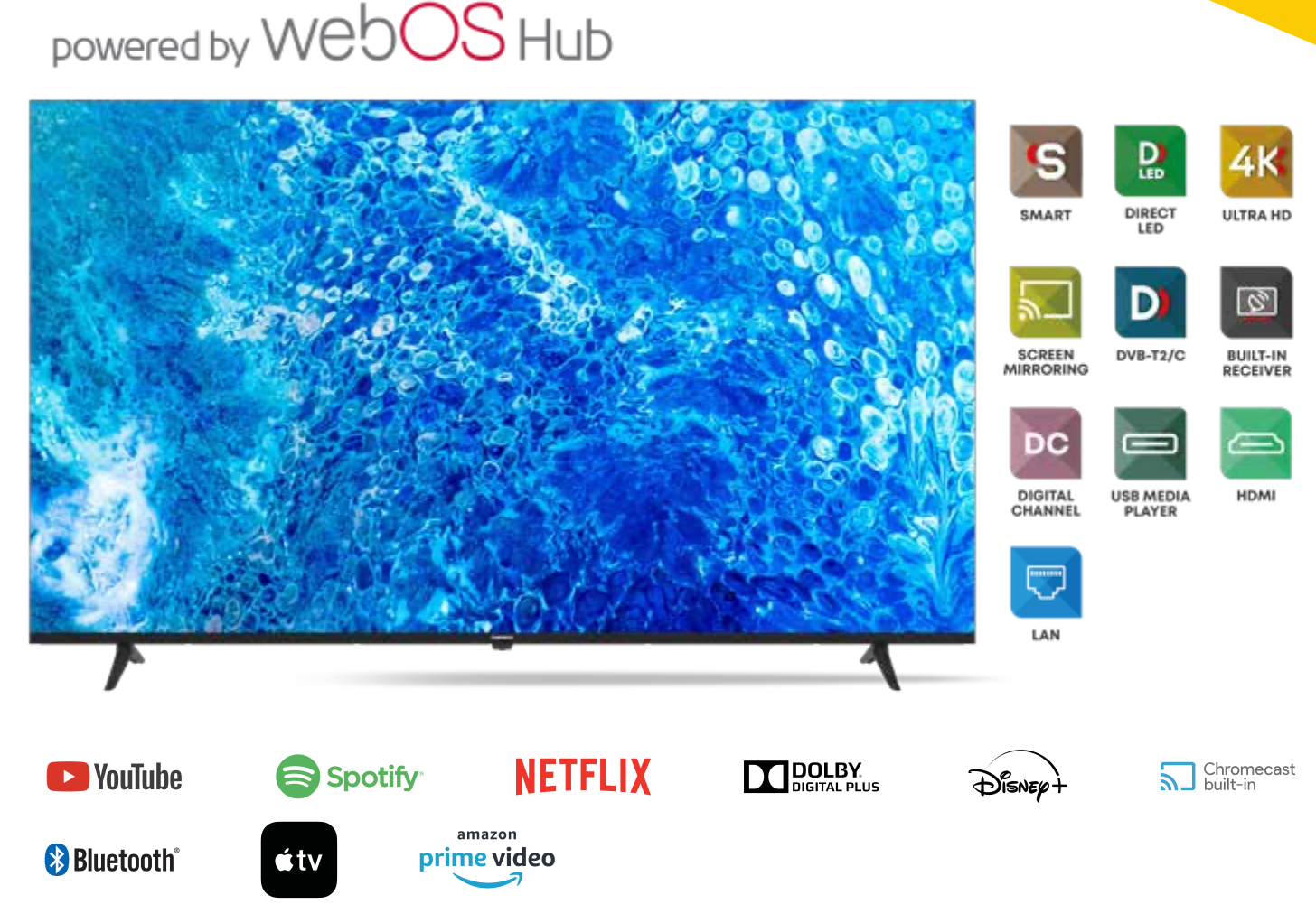 Tornado 65" 4K UHD Frameless Smart TV: WebOS 23, HDR10/HLG, Dolby Digital Plus, BT 5.0, Voice Remote, 2x10W, 3xHDMI/2xUSB