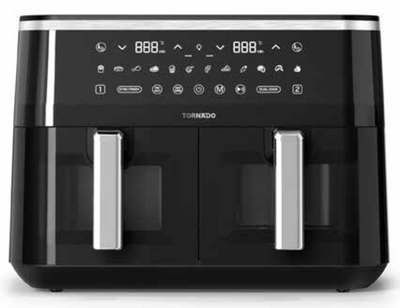 Tornado 9L Dual Air Fryer: 2600-3100W, 2x4.5L Baskets, 12 Presets, Sync-Finish, Dehydrate, View Windows, Dishwasher Safe