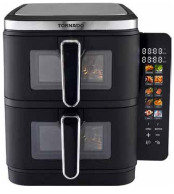 Tornado 11L Double Stack Air Fryer: 2800W, 2x5.5L Zones, 10 Presets, Sync-Finish, 360° Hot Air, View Windows, Dishwasher Safe